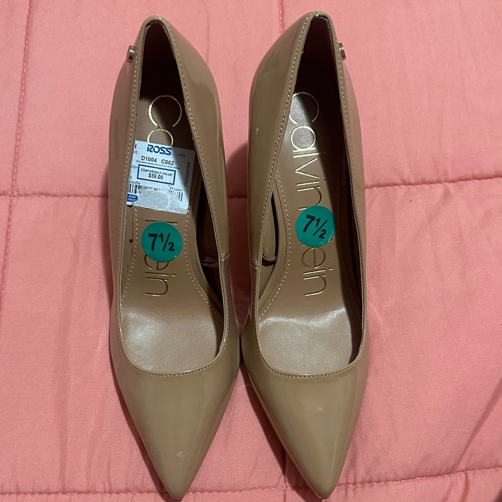 Calvin Klein Beige Patent Pointed-Toe Pumps